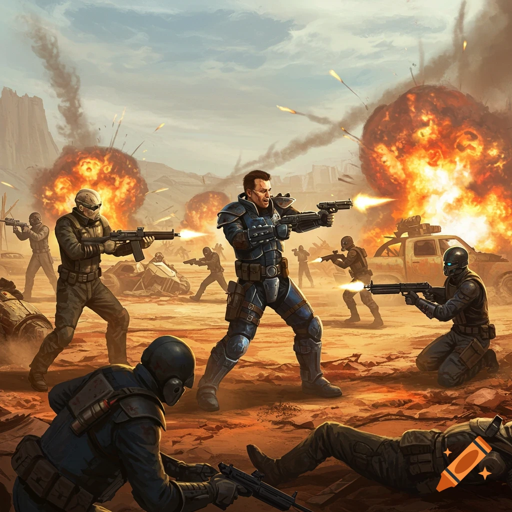 Soldiers fighting in a desert battle with explosions.
