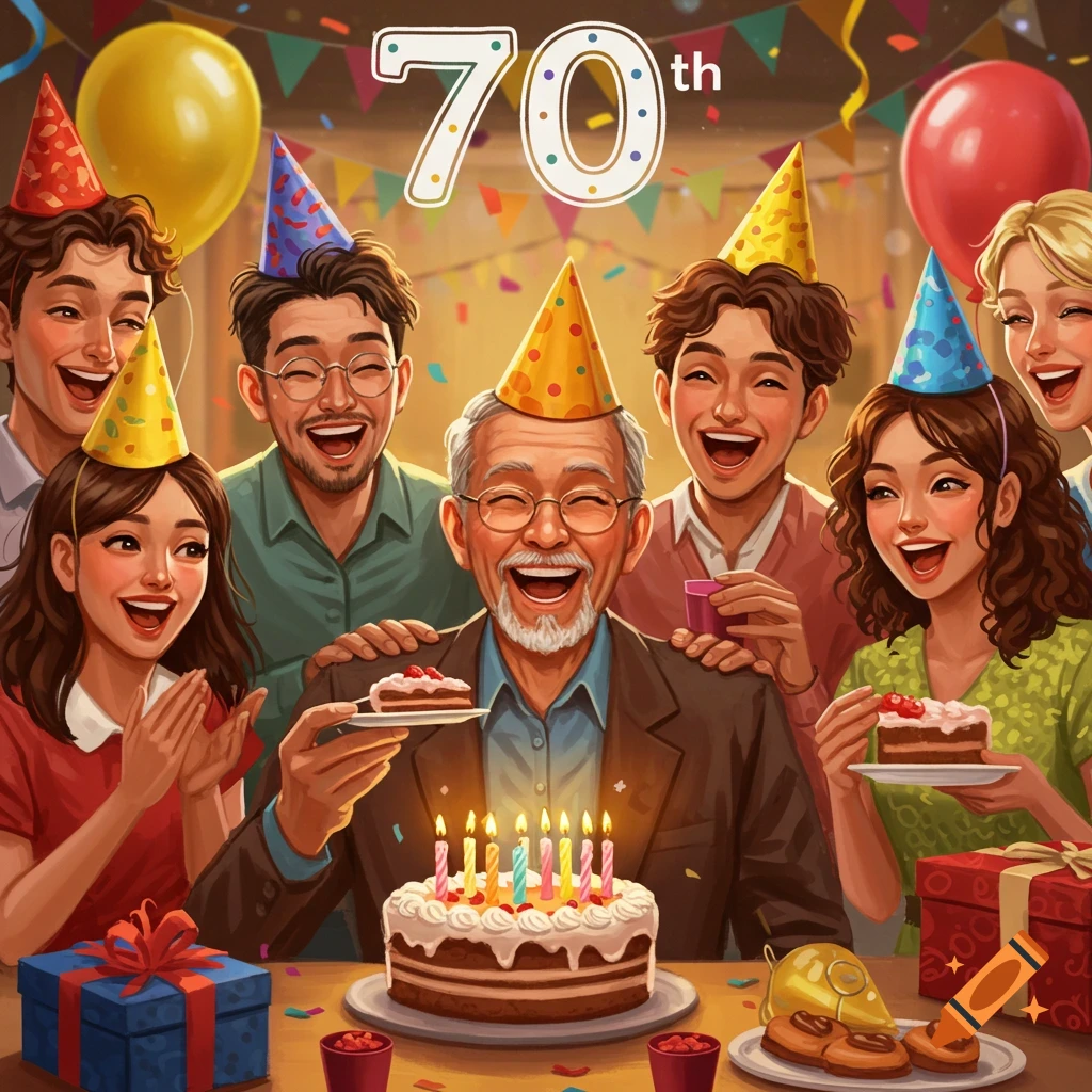 Diverse people celebrating a 70th birthday with cake and balloons.