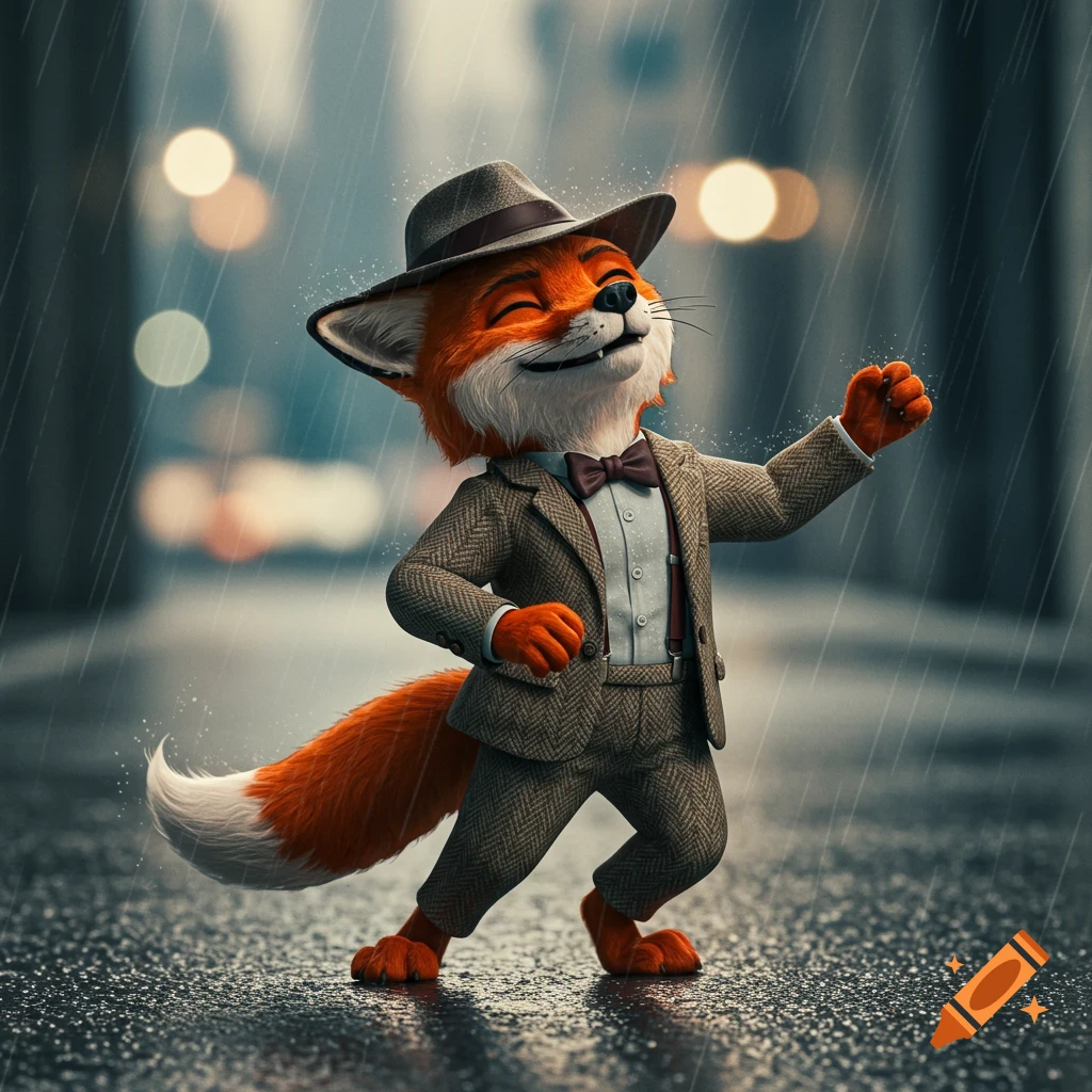 Cartoon fox in a suit and hat dancing happily in the rain.