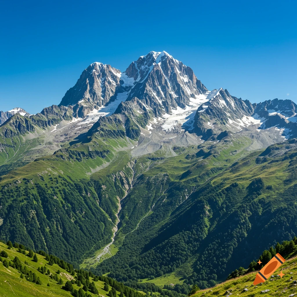 Snow-capped mountain peak rises above a green valley under a clear blue sky.