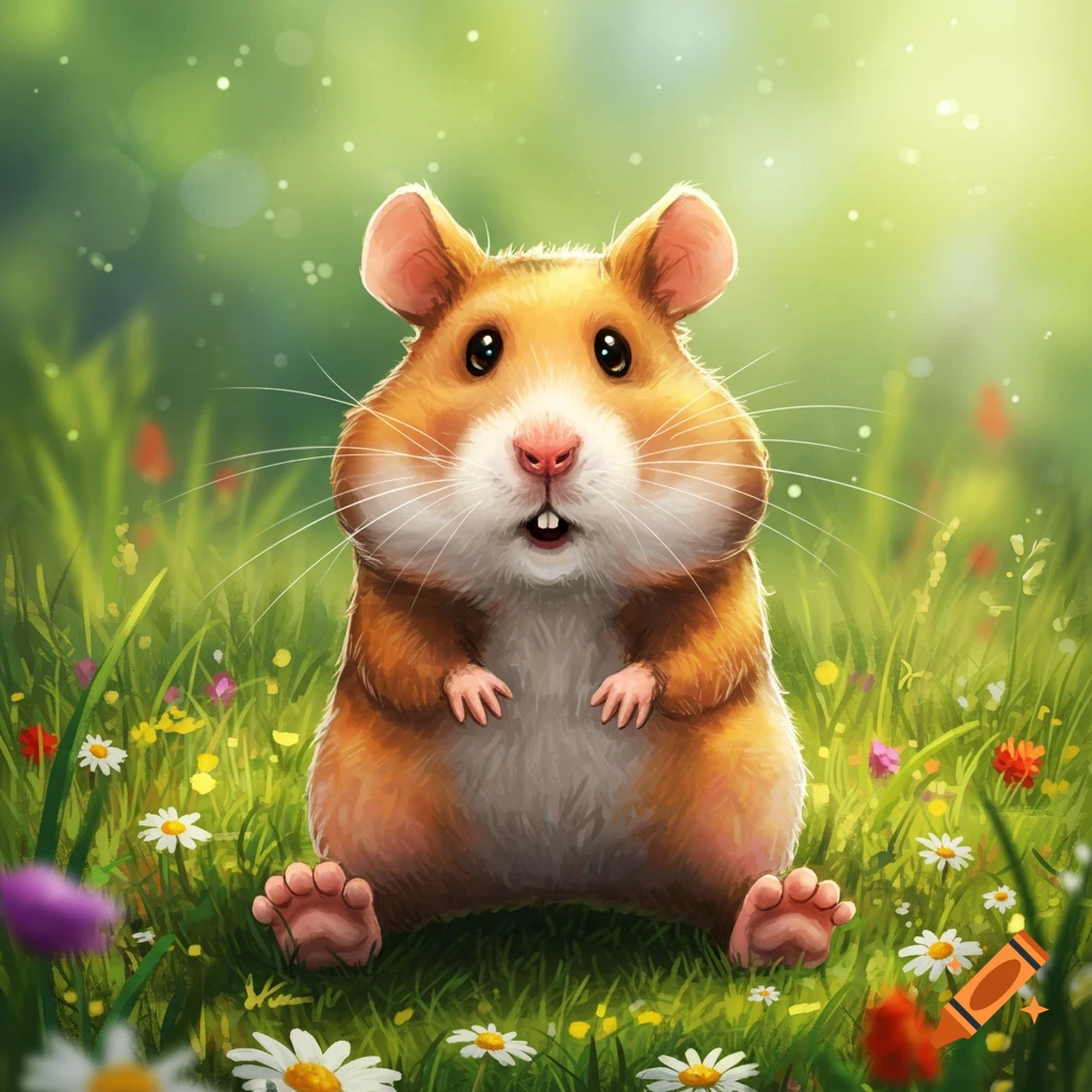 A cute hamster with human feet sitting in a grassy field with flowers.
