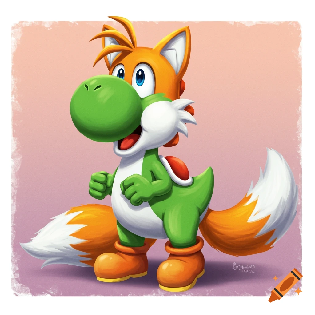 A cartoon character that is a fusion of Yoshi and Tails the Fox.