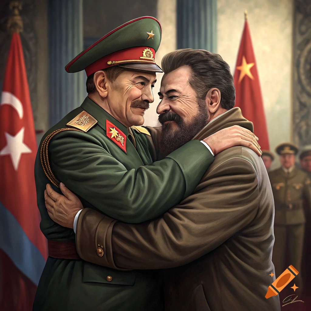 Two historical leaders resembling Stalin and Castro are depicted hugging in a formal setting. Flags and people are visible in the background.