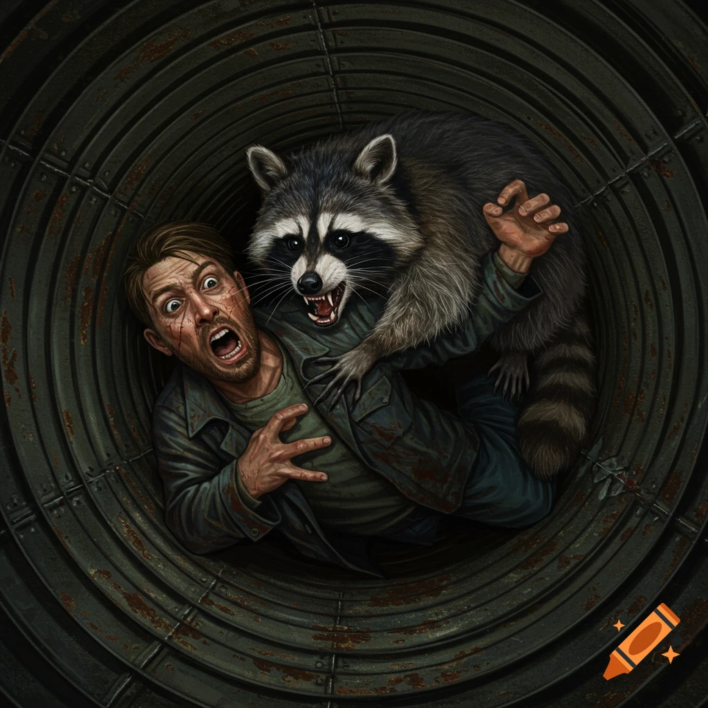 A frightened man is attacked by a snarling raccoon inside a dark, rusty pipe.