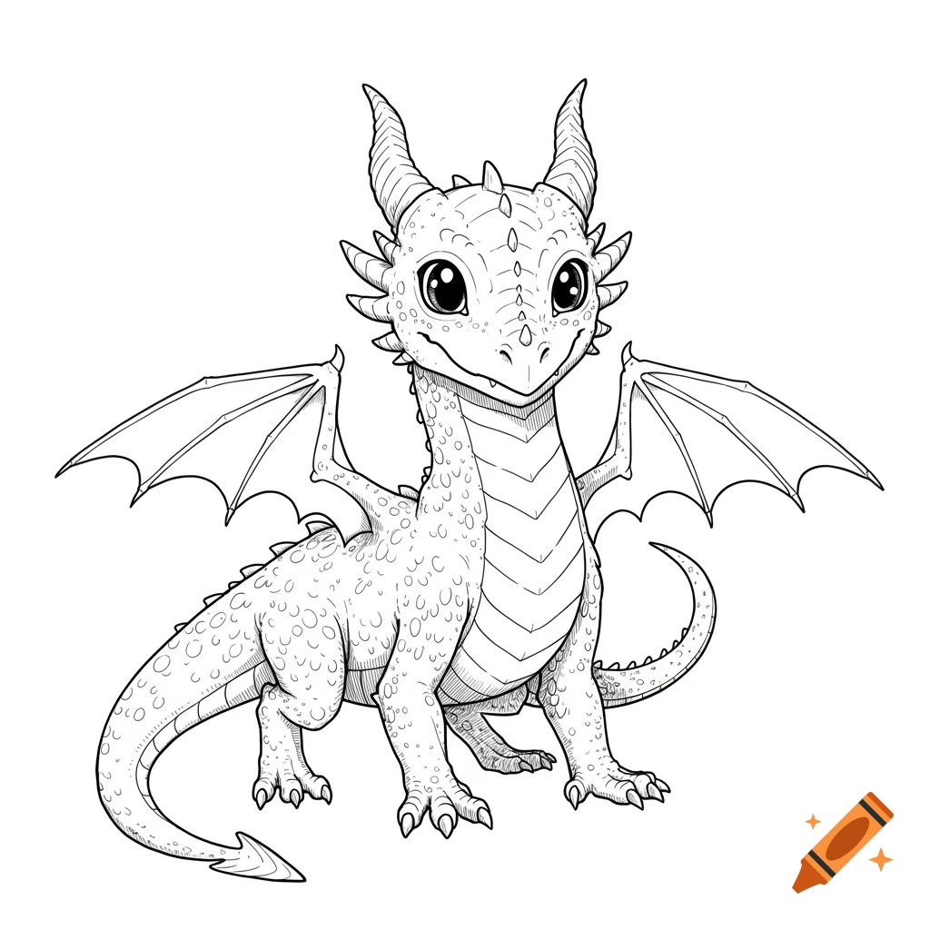 A cute baby dragon in a line drawing style, facing forward.