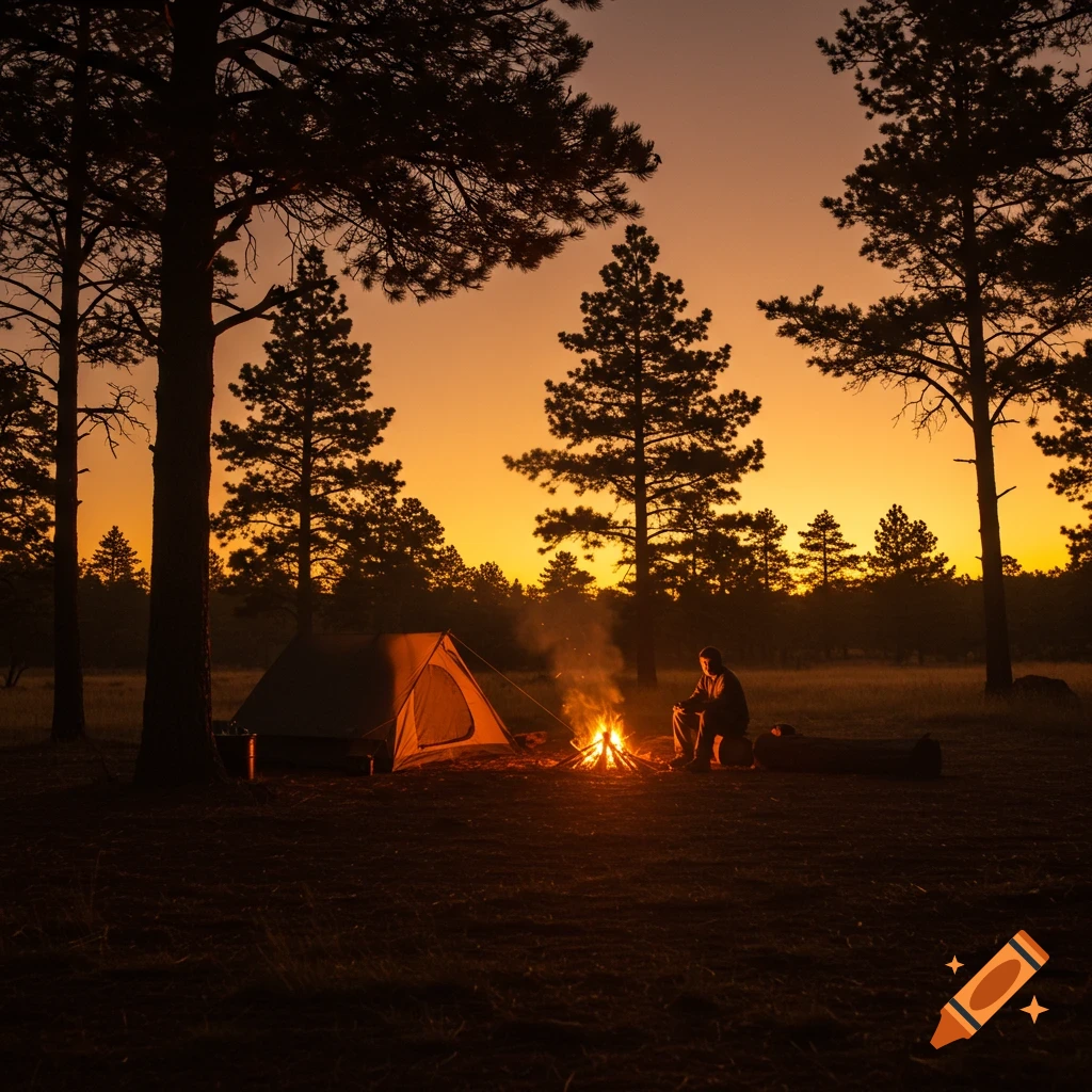 A person sits by a campfire next to a tent at sunset in a forest.