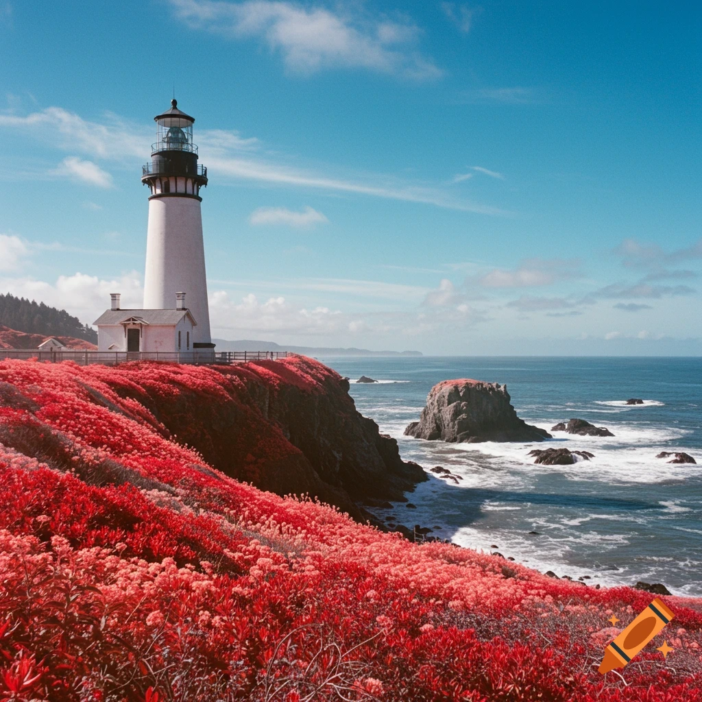 A lighthouse on a cliff covered in bright red plants overlooks the ocean under a blue sky. Photorealistic style.