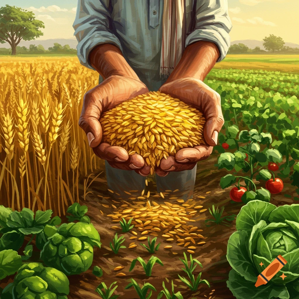 Hands holding grain over a field with wheat, crops, and young plants.