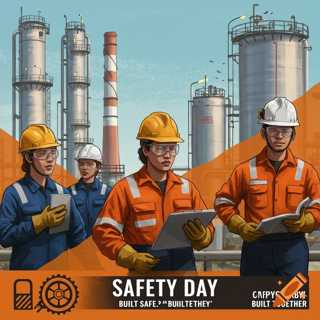 Workers in hard hats and safety gear at a refinery with text about safety.