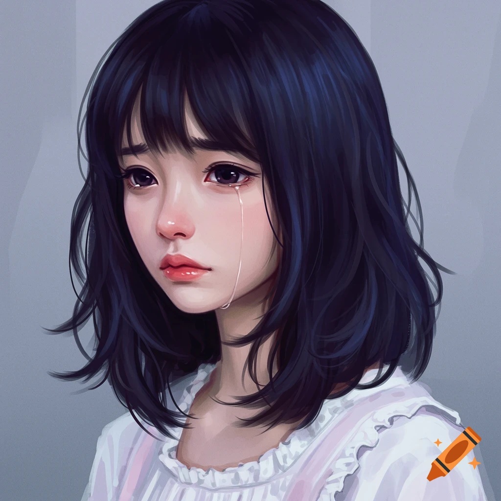 Portrait of a young girl with dark hair crying, digital art in anime style.