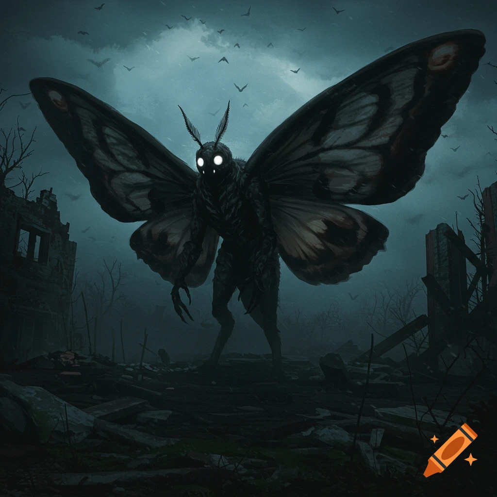 A large Mothman creature stands in a destroyed city landscape under a stormy sky with bats flying.