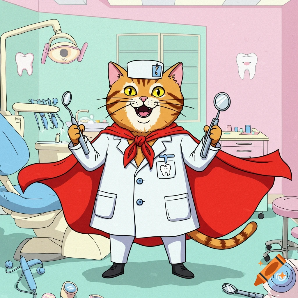 A cartoon cat dentist wearing a lab coat and red cape holds dental tools in a dentist's office.