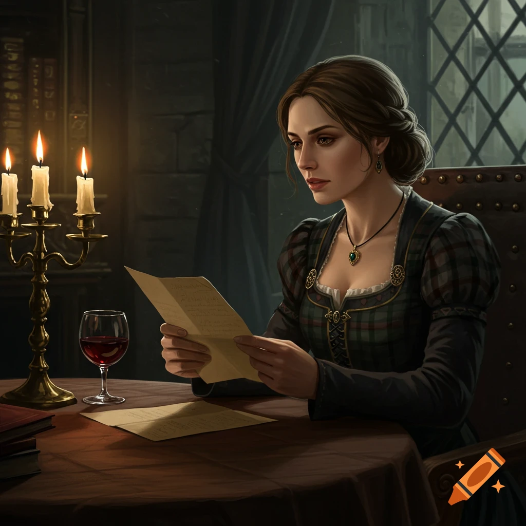 A woman in historical clothing reads a letter by candlelight in a dark room.