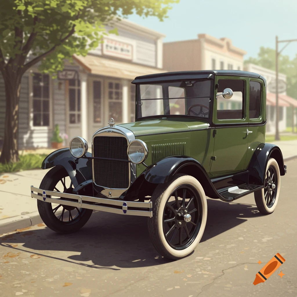 A green vintage car is parked on a street in front of buildings.