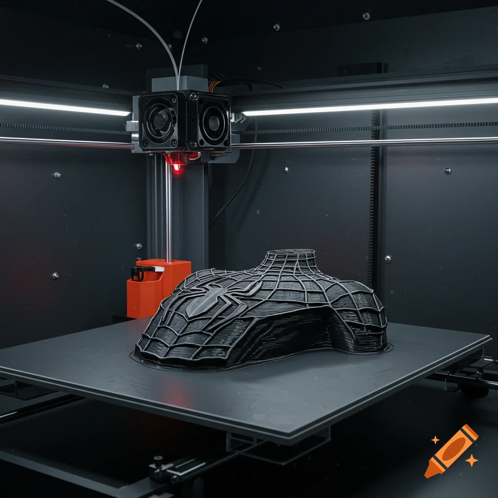 A 3D printer is printing the torso section of a black Spider-Man suit on the print bed. Photorealistic.