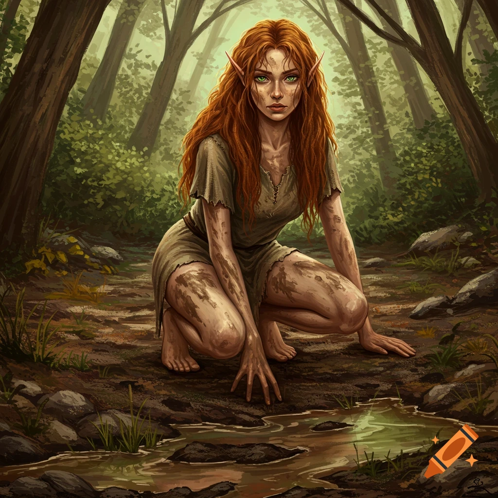 An illustration of a muddy elf woman kneeling by a stream in a forest.