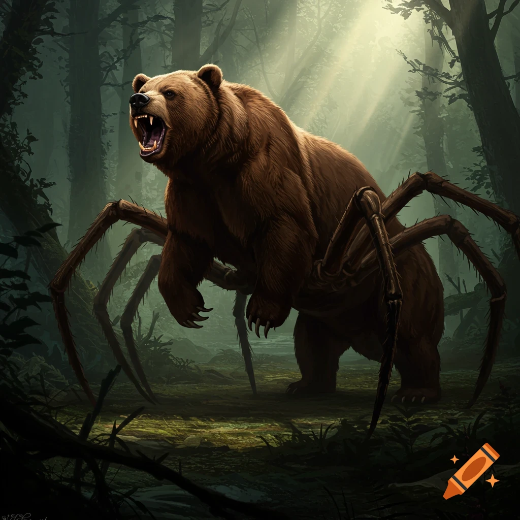 A roaring bear with spider legs standing in a misty forest.