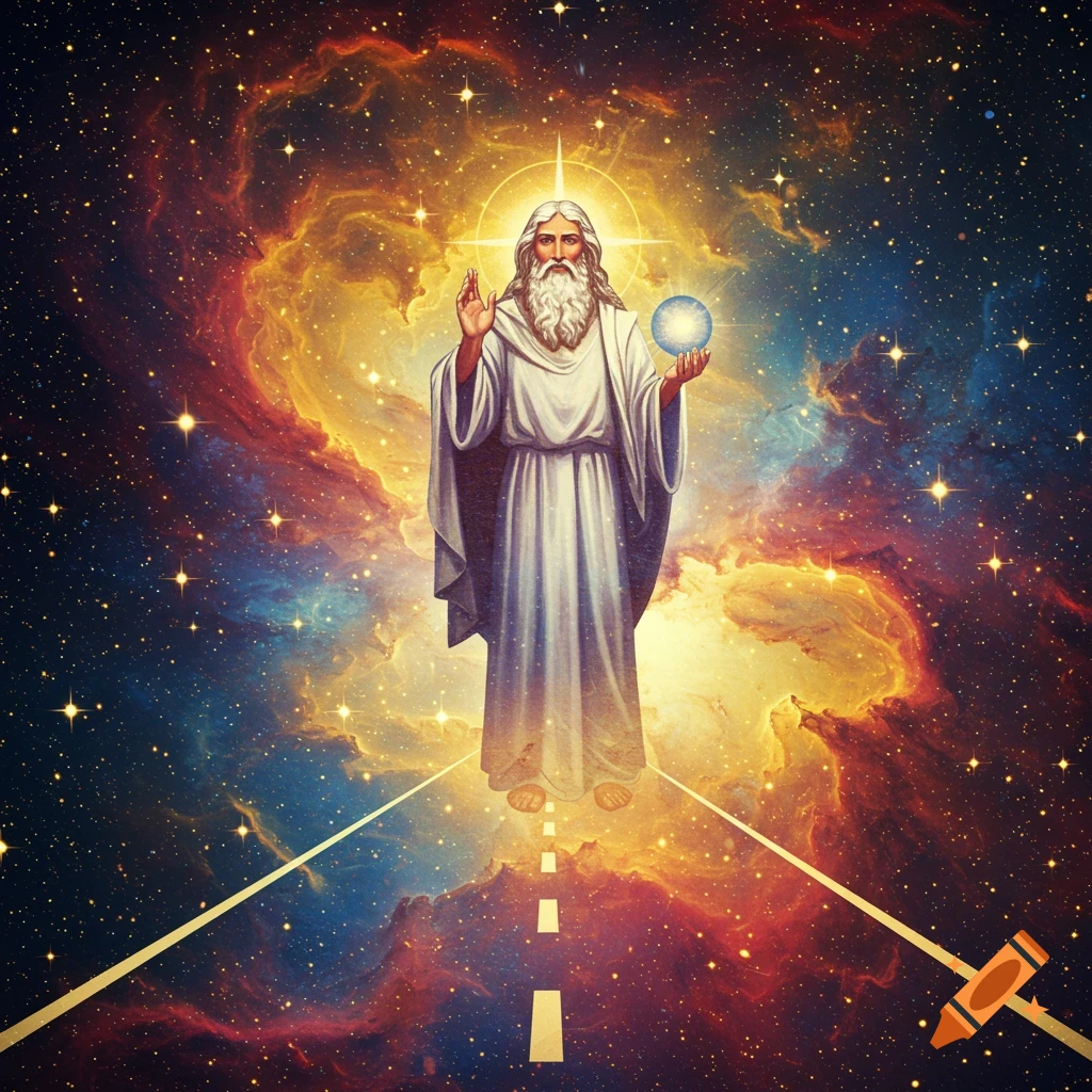 A robed figure resembling God standing on a road through space, holding a glowing orb.