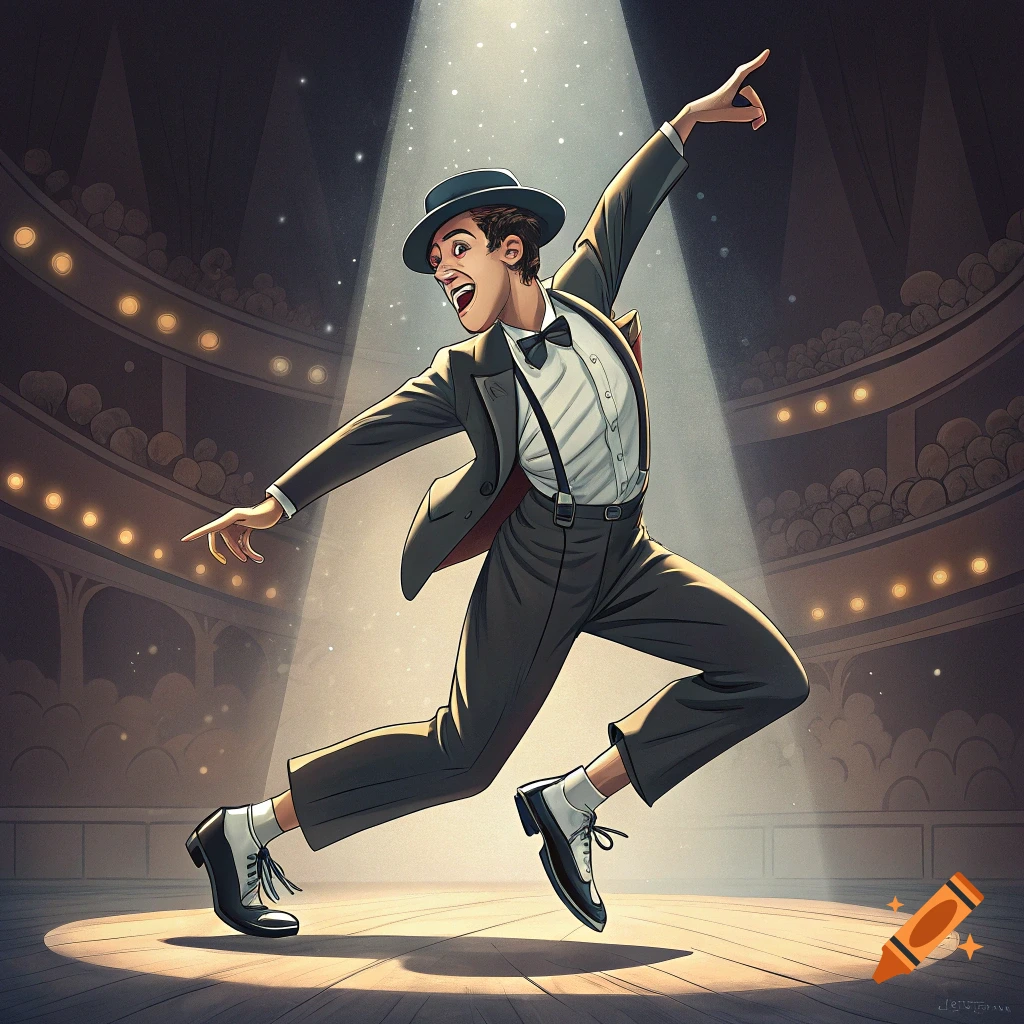 Retro illustration of a man in a suit tap dancing on a theatre stage under a spotlight.