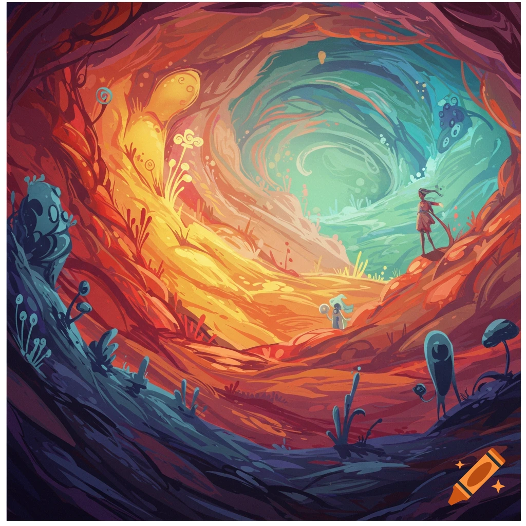Colorful fantasy landscape painting with glowing cave, vibrant plants, and small figures.
