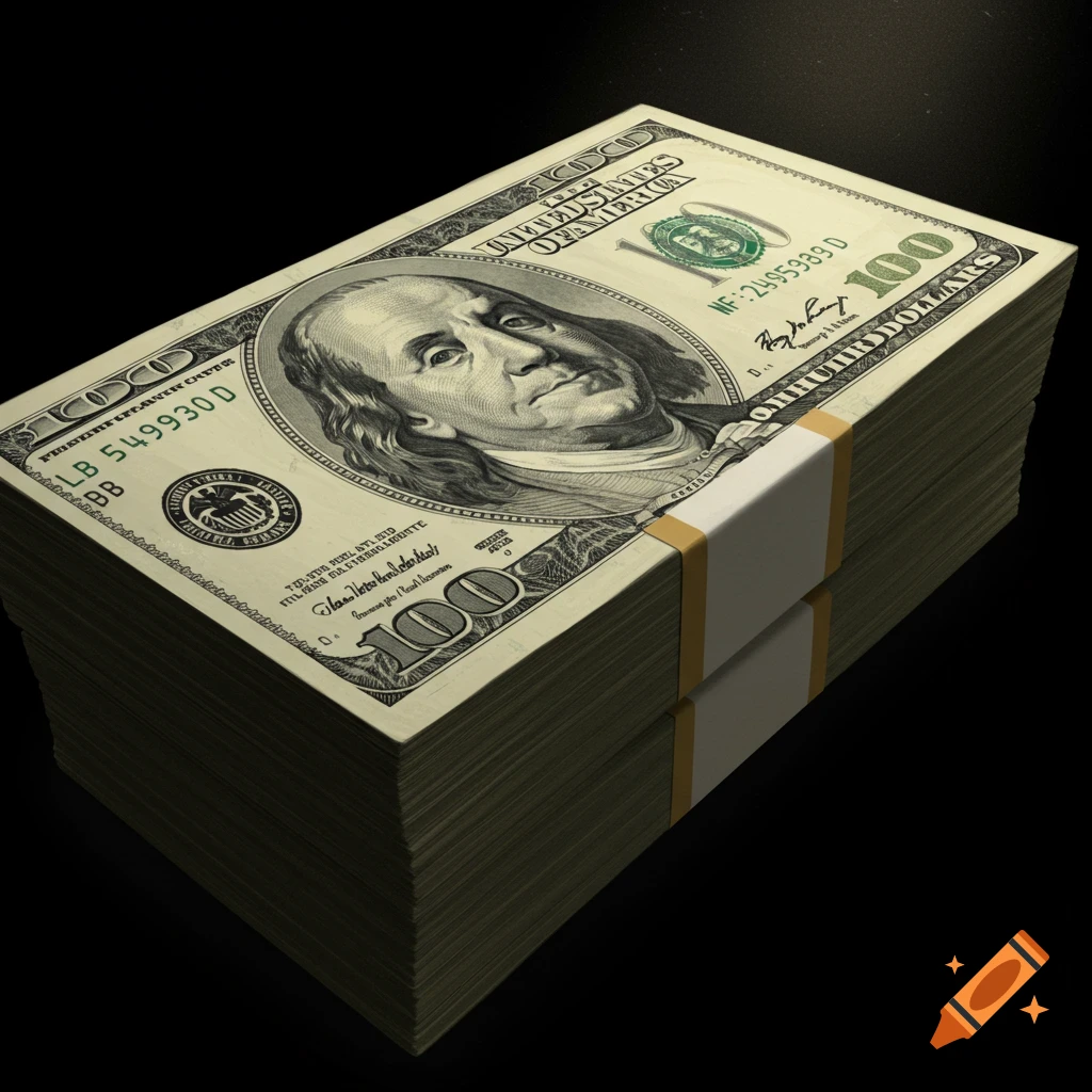 A stack of one hundred dollar bills on a dark background.