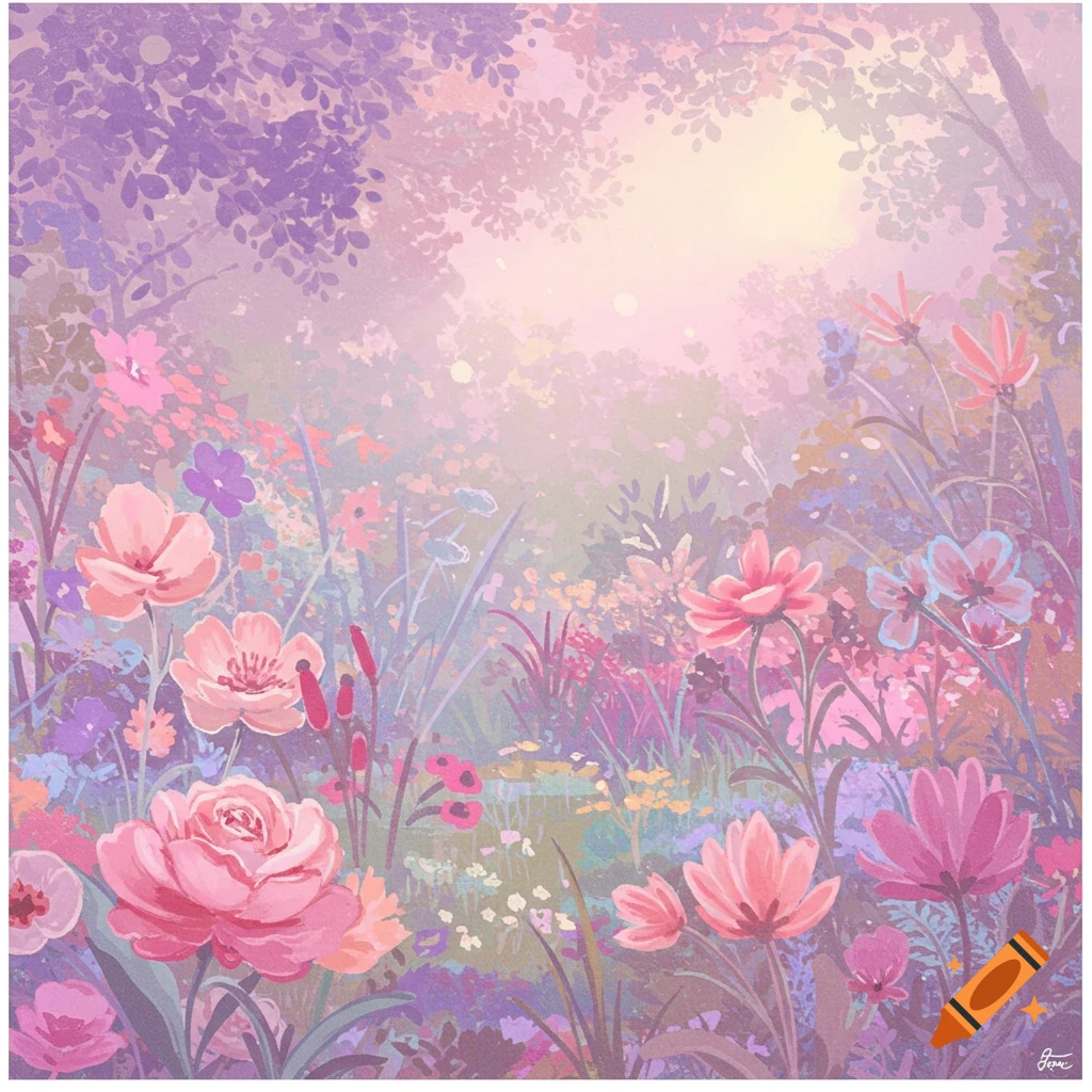 A pastel flower garden with trees and sunlight.