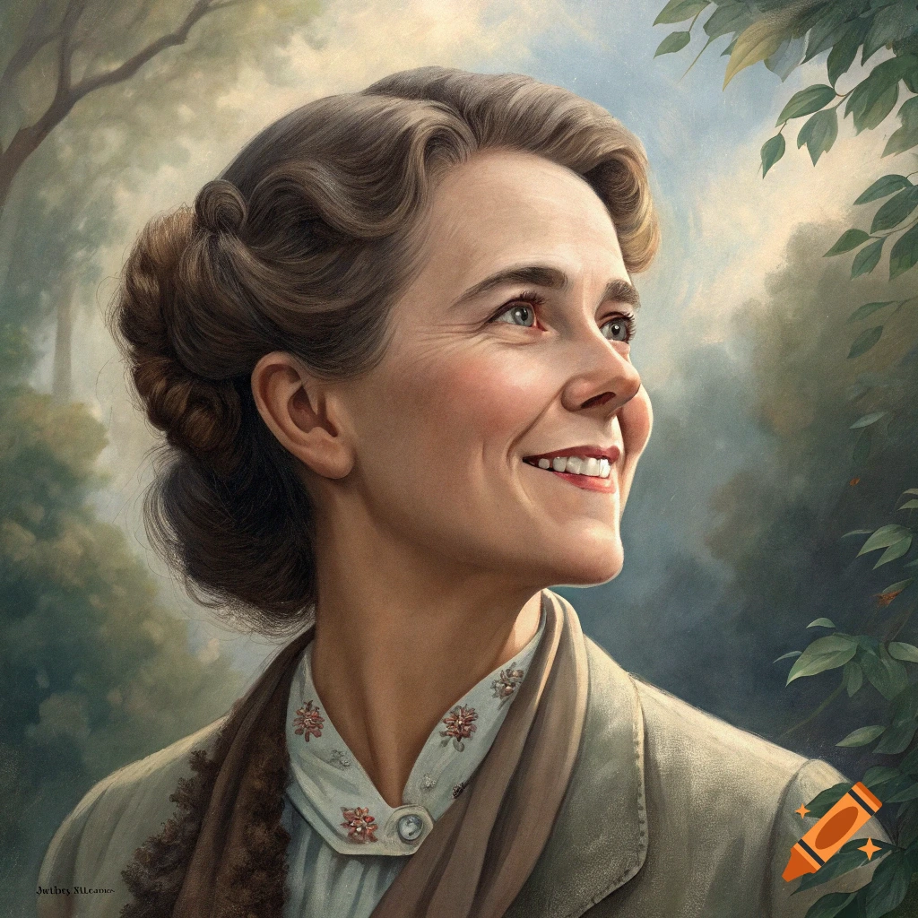 Portrait painting of a smiling woman in historical clothing in a garden setting.