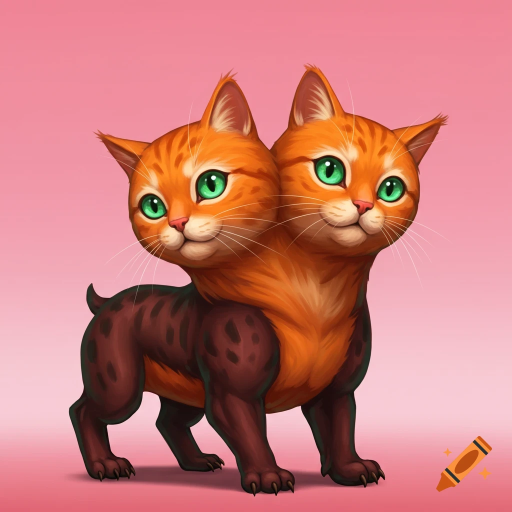 A creature with two orange cat heads on a dark body.