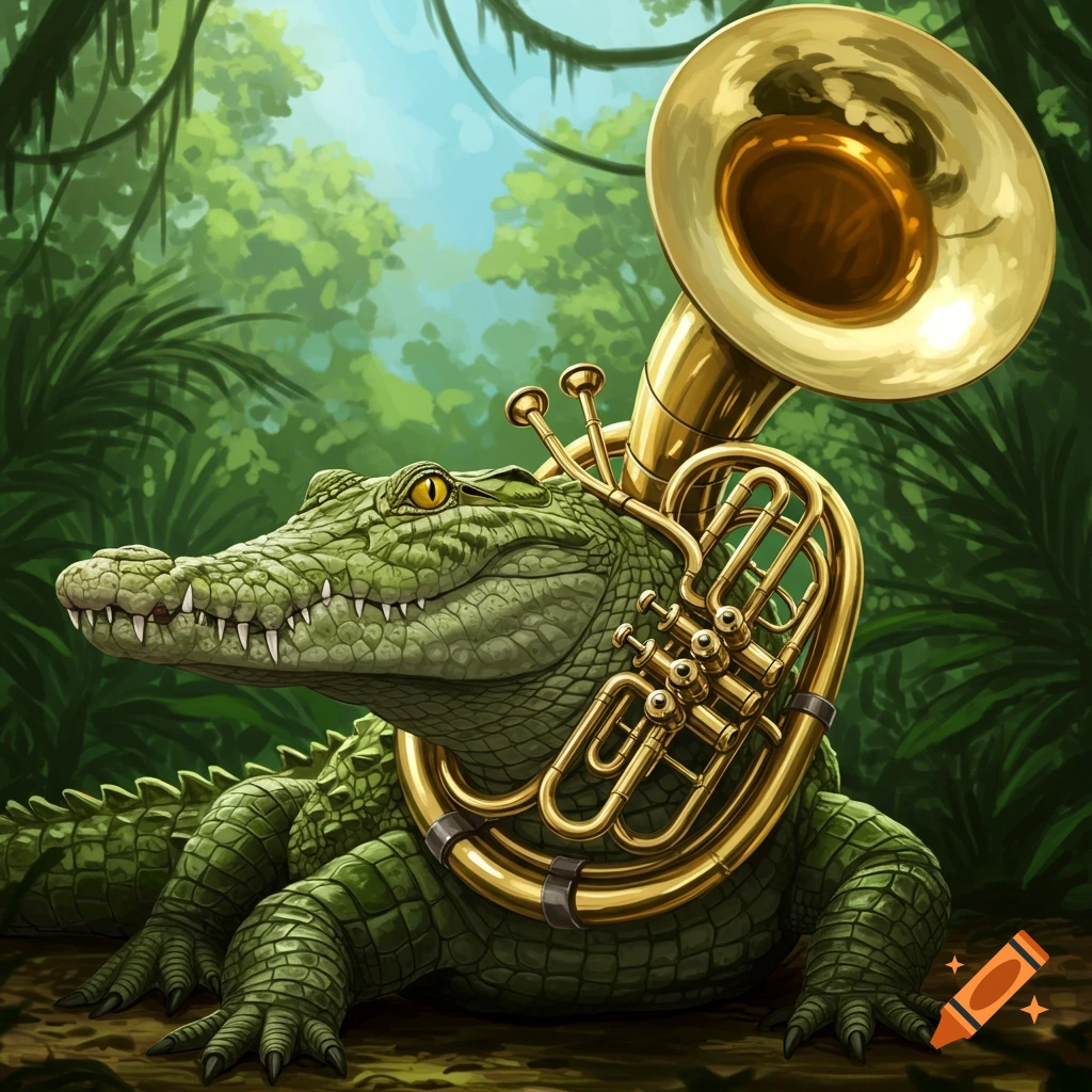 A green alligator playing a brass tuba in a jungle