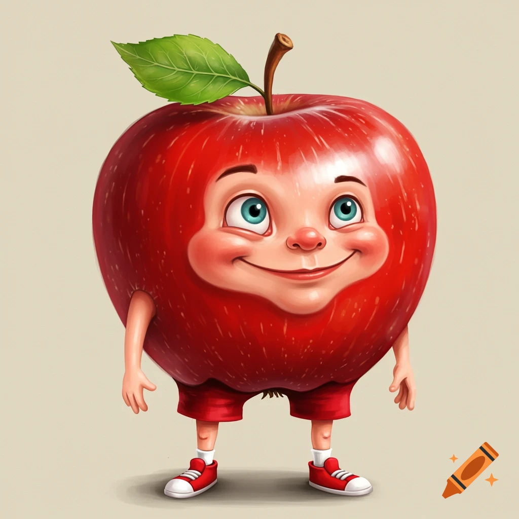 Cartoon apple character with a face, arms, legs, red shorts, and red shoes