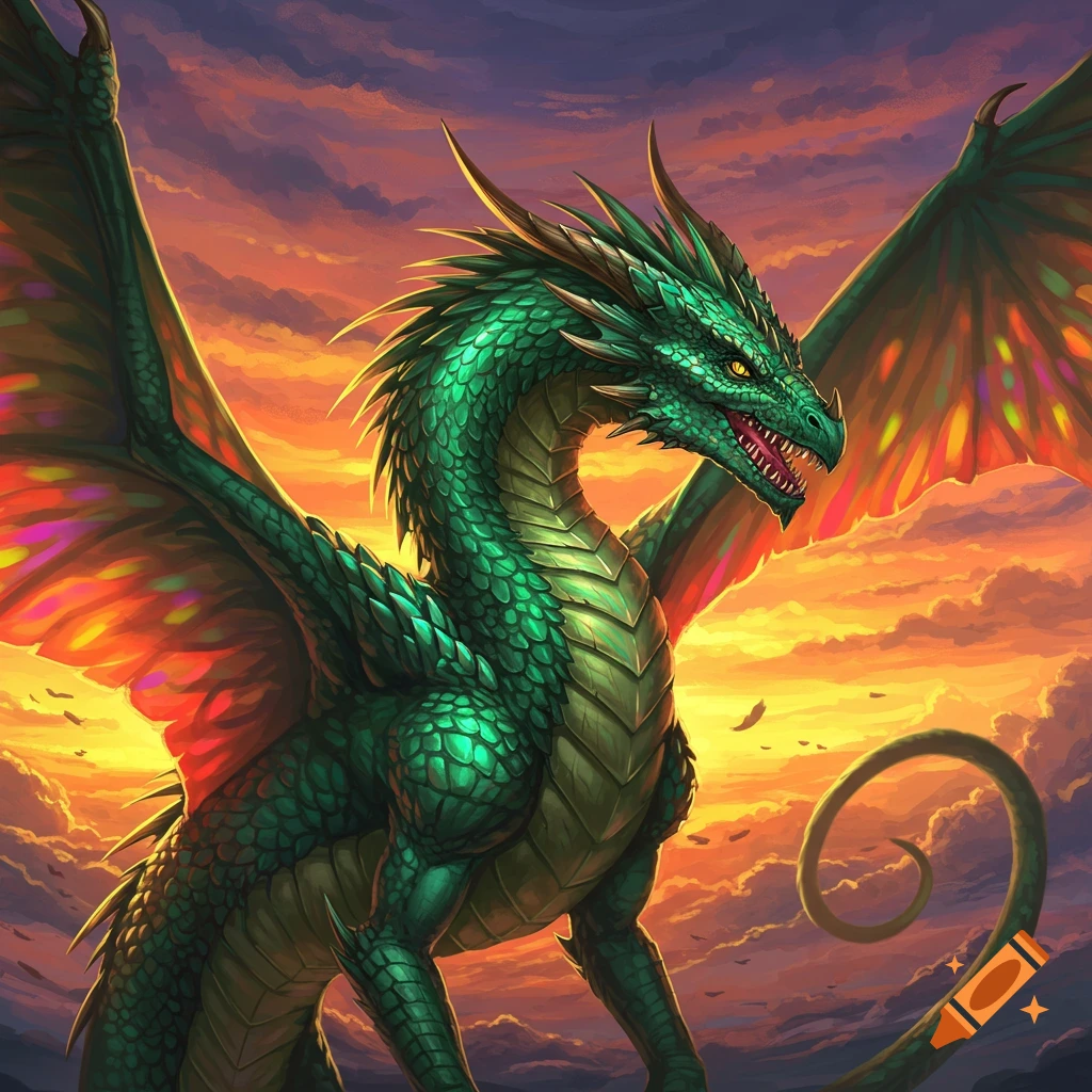 A green dragon with colorful wings stands against a sunset sky.