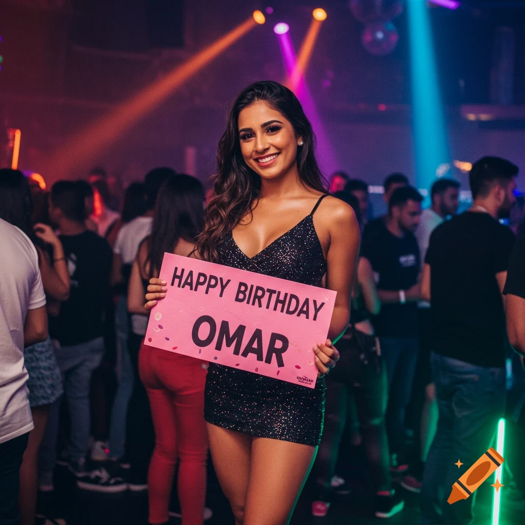 Woman in a club holding a sign that says 'Happy Birthday Omar'