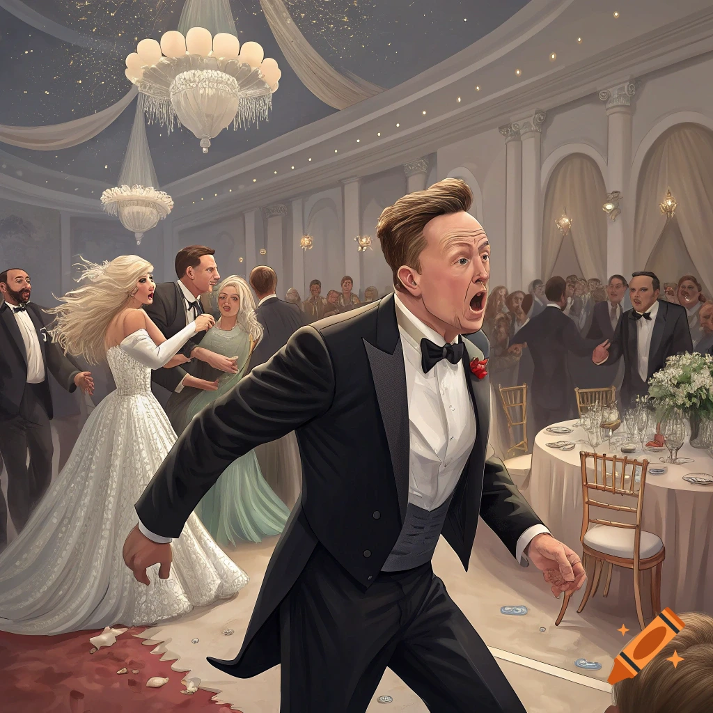 A man in a tuxedo shouts at a lavish wedding reception with guests.