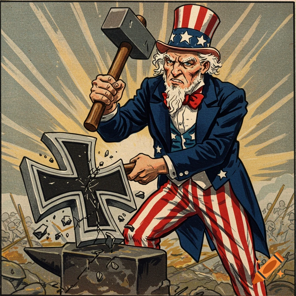 Uncle Sam smashes an Iron Cross with a hammer in a dynamic propaganda-style illustration.