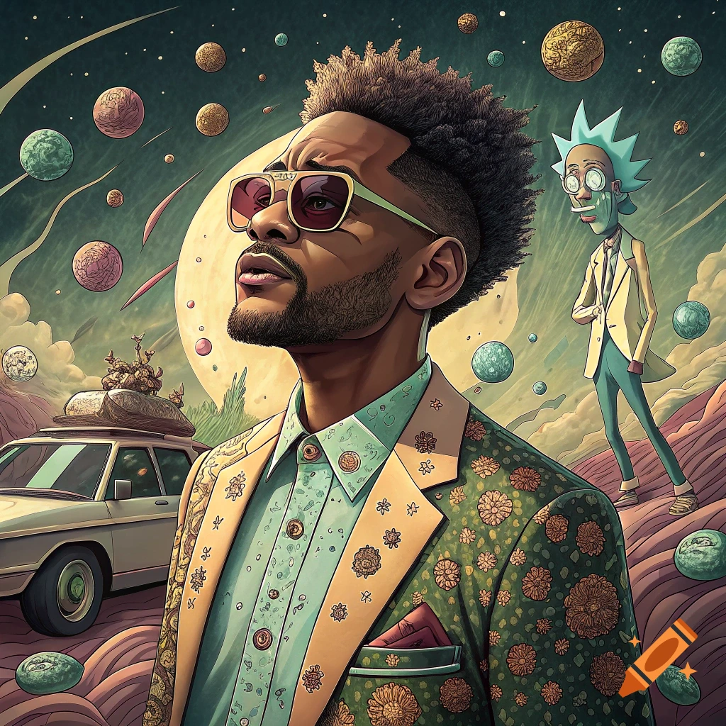 Will Smith in a Rick and Morty art style stands in a space landscape with Rick Sanchez and a car.