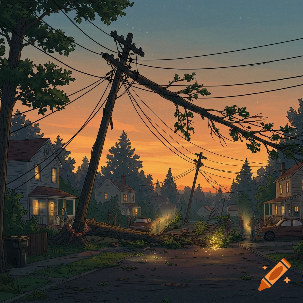 A neighborhood street at sunset with a tree fallen on power lines and people assessing the damage.