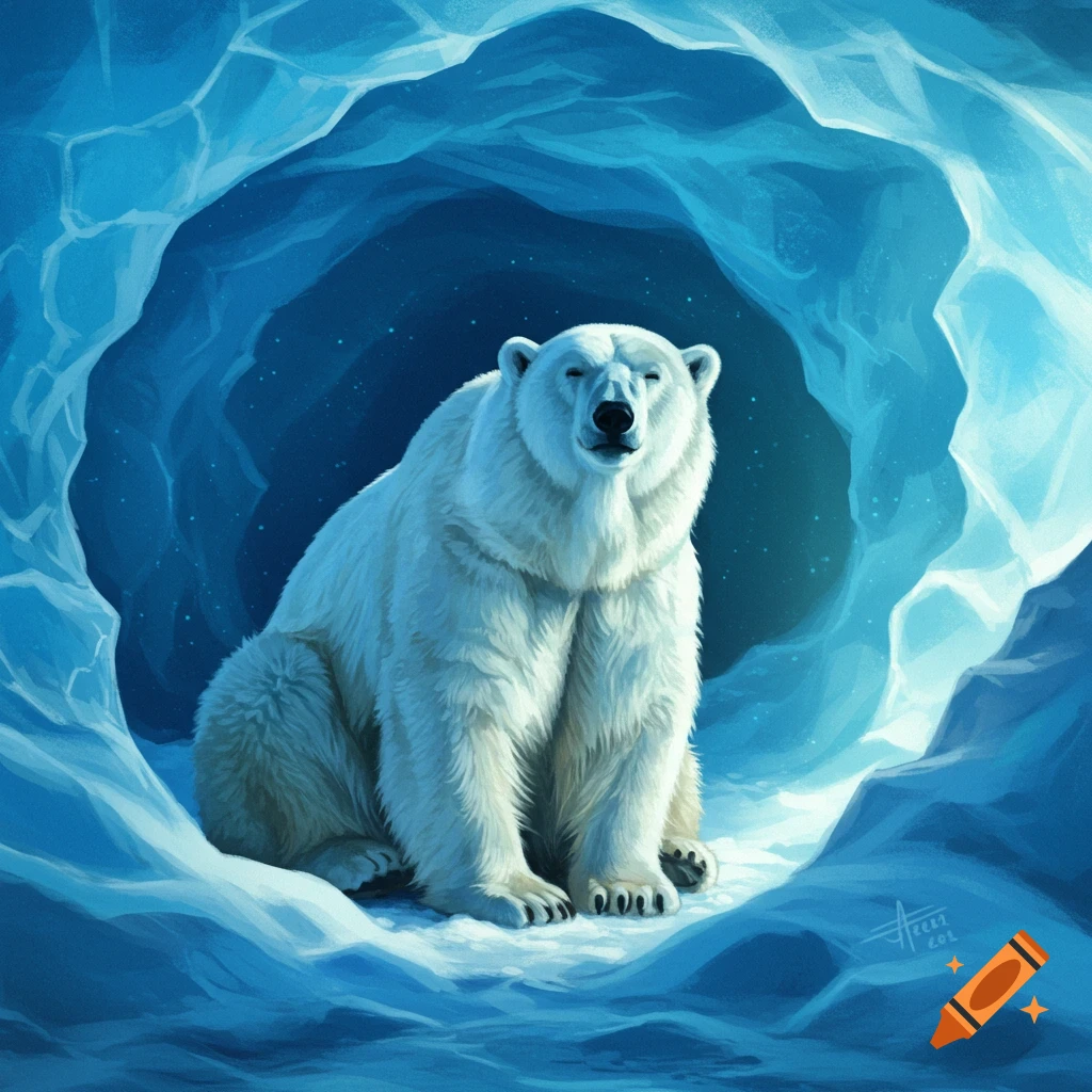 A polar bear sits in an ice cave.