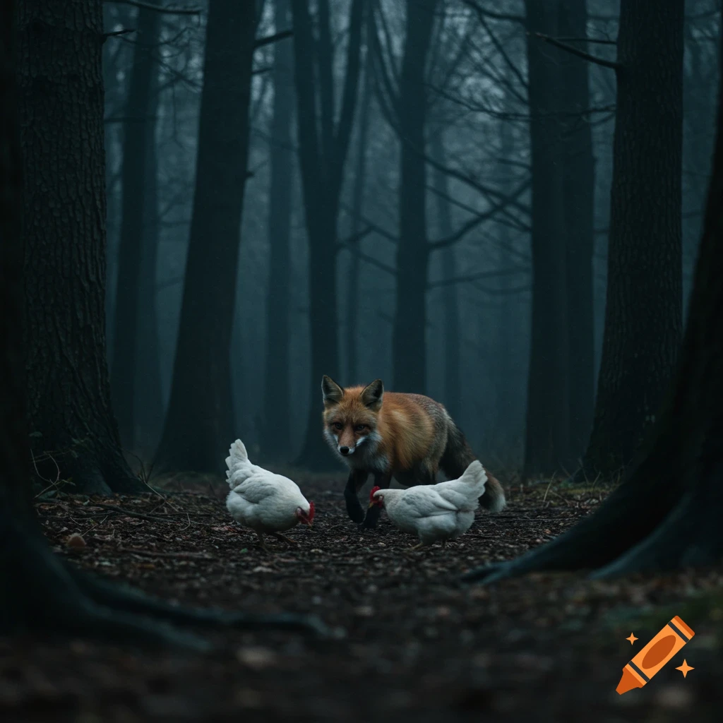 A fox looks at two white chickens in a dark, misty forest.