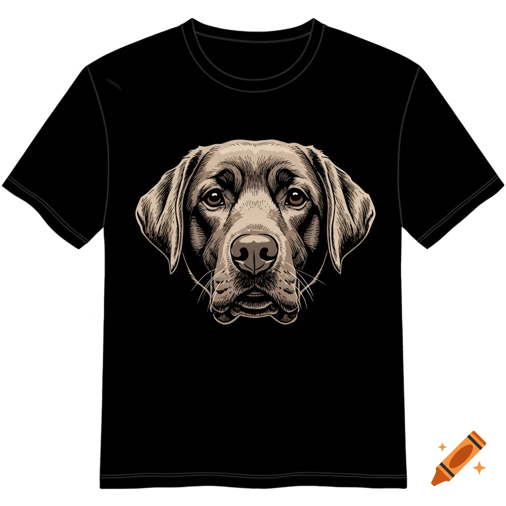 Line art head of a Labrador dog on a black t-shirt.