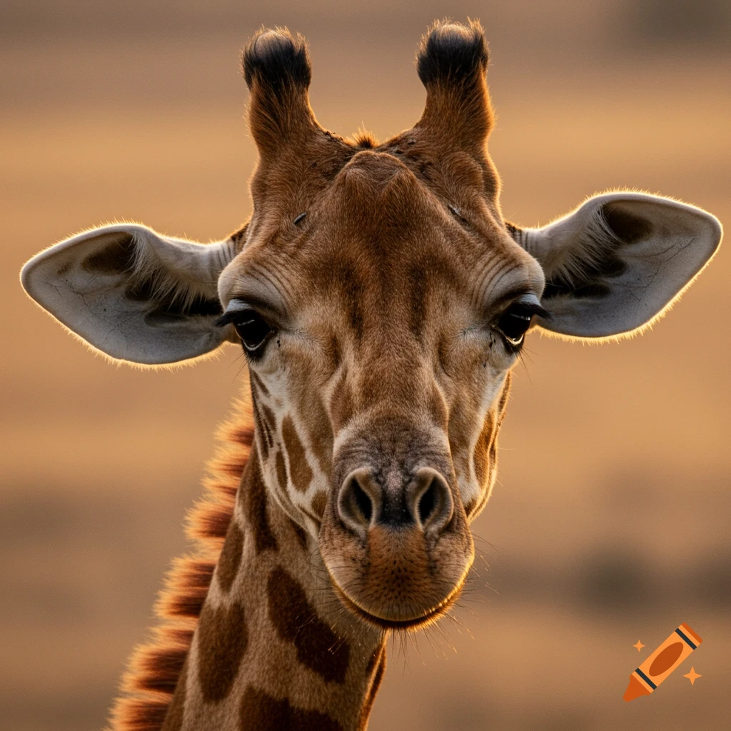 Close up photorealistic portrait of a giraffe's face at sunset