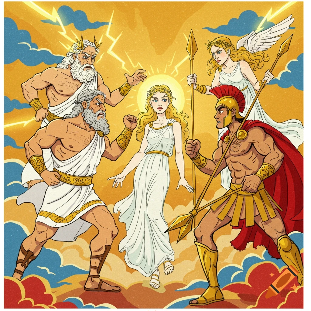 Illustration of Greek gods Zeus and Ares fighting over Aphrodite, with other figures, lightning, and clouds.