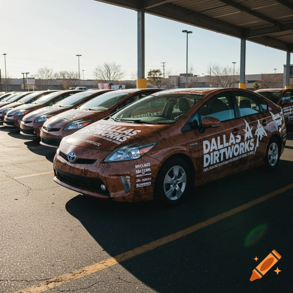 A fleet of Toyota Prius cars wrapped with Dallas Dirtworks decals parked in a lot.