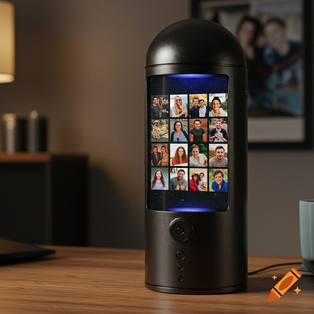 A black cylindrical device with a screen displaying a grid of photos of diverse people and a dog sits on a wooden desk.