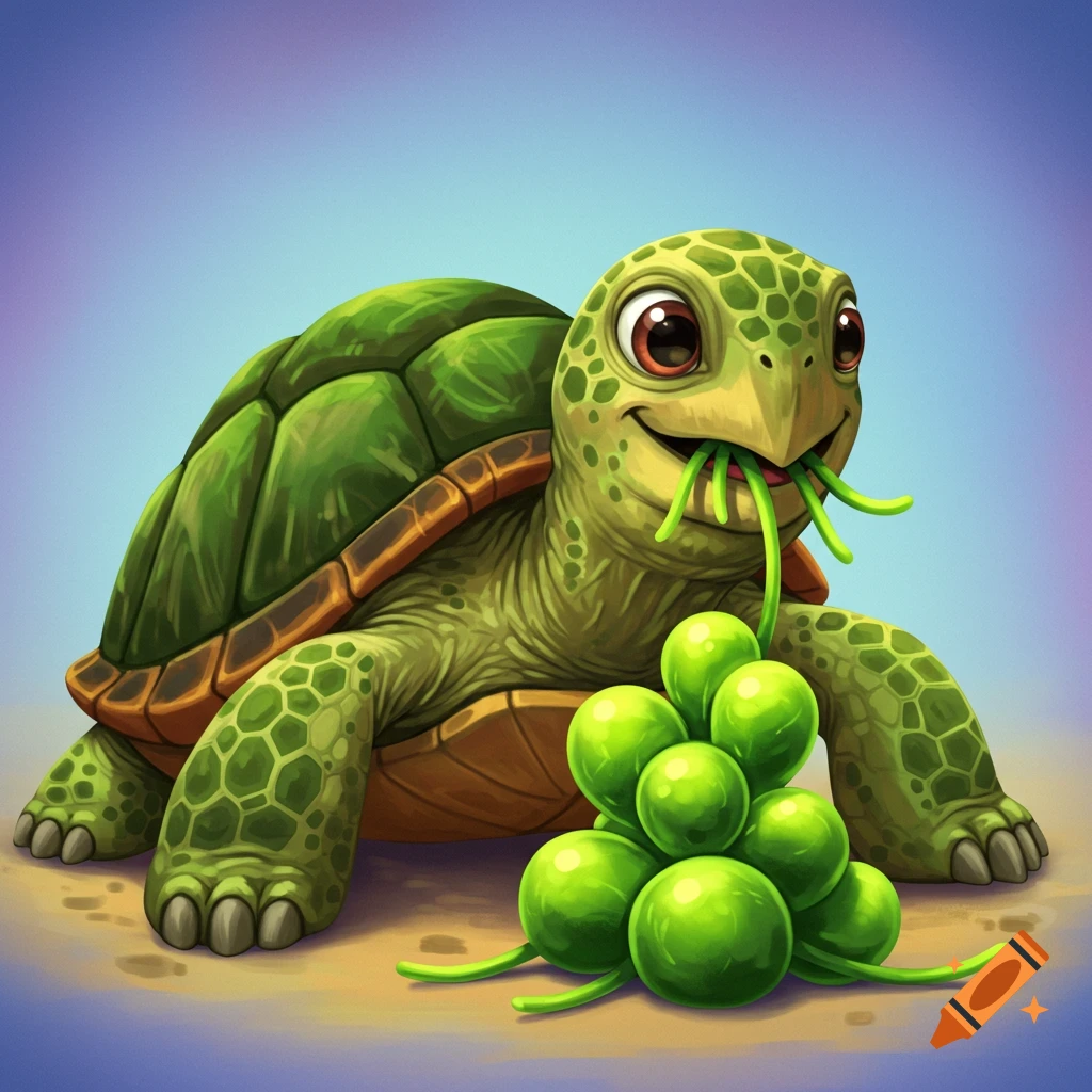 Cartoon turtle eating green sprouts next to spheres.