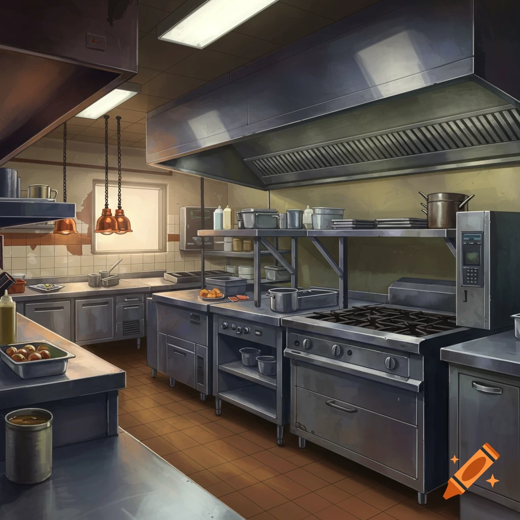 A commercial kitchen interior is shown with stainless steel equipment