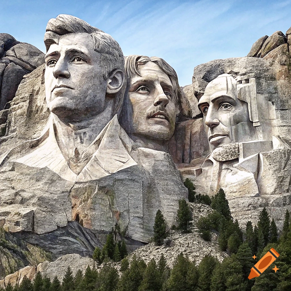 Mountain carving resembling Mount Rushmore with footballer faces carved into it, trees below.