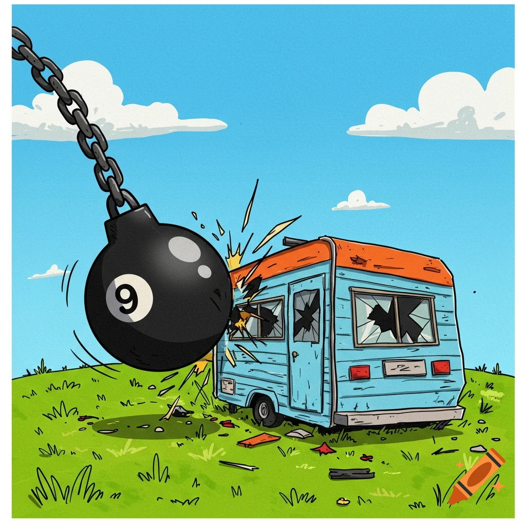 Cartoon illustration of a giant nine ball wrecking ball smashing into a camper trailer.