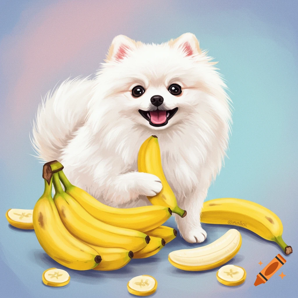 A smiling white Pomeranian dog holding a banana next to a bunch of bananas and slices.