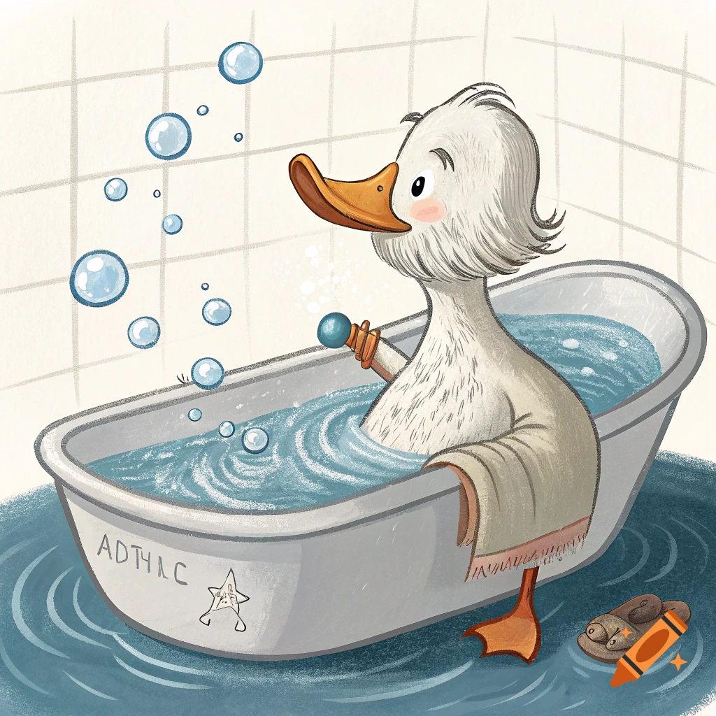 A cartoon duck takes a bath with bubbles.