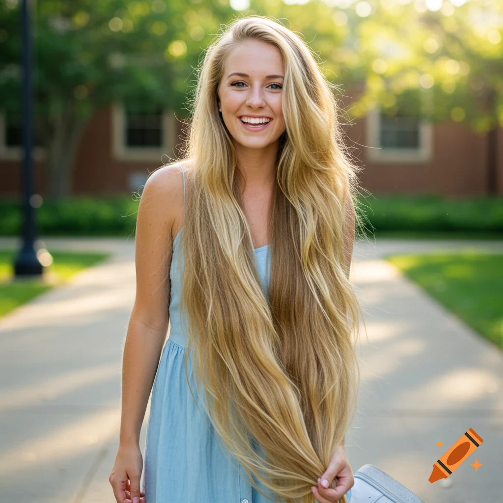 Photorealistic portrait of a smiling young woman with very long blonde hair outdoors